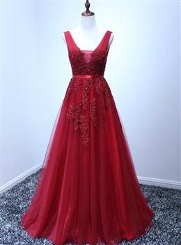 Picture of Wine Red Color V-neckline Tulle Long Prom Dresses, Dark Red Color Floor Length Party Dresses, Bridesmaid Dresses